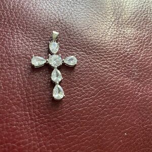 Sterling Silver Cross Pendant with Clear Pear and Round Stones